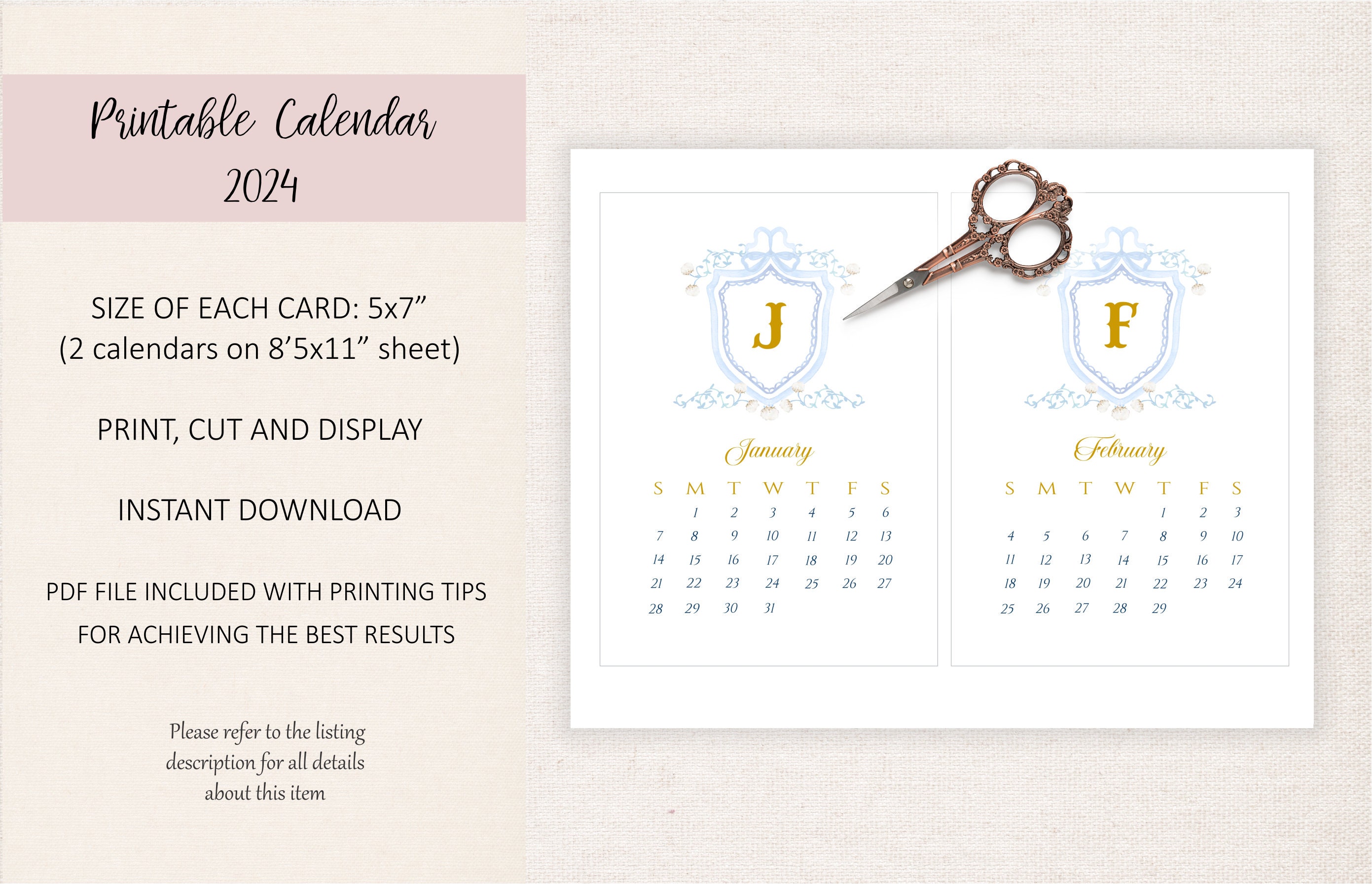 Crest 2024 Desktop Calendar, Printable Watercolor Calendar, Monogram ...