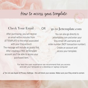 Pode incluir: Um gr&aacute;fico rosa e branco com instru&ccedil;&otilde;es sobre como acessar um modelo ap&oacute;s a compra. O texto diz "Check Your Email" e "go to Jettemplate.com".