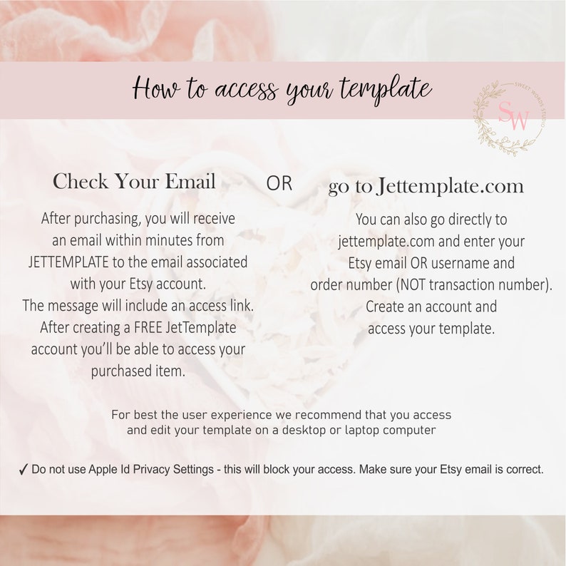 Pode incluir: Um gr&aacute;fico rosa e branco com instru&ccedil;&otilde;es sobre como acessar um modelo ap&oacute;s a compra. O texto diz "Check Your Email" e "go to Jettemplate.com".