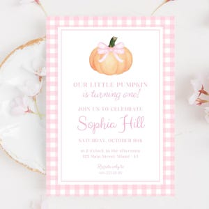 Pink Gingham Pumpkin First Birthday Invitation, Our Little Pumpkin Birthday, Fall Girl 1st Birthday Decor, Pink Bow, Editable Invite, FGB