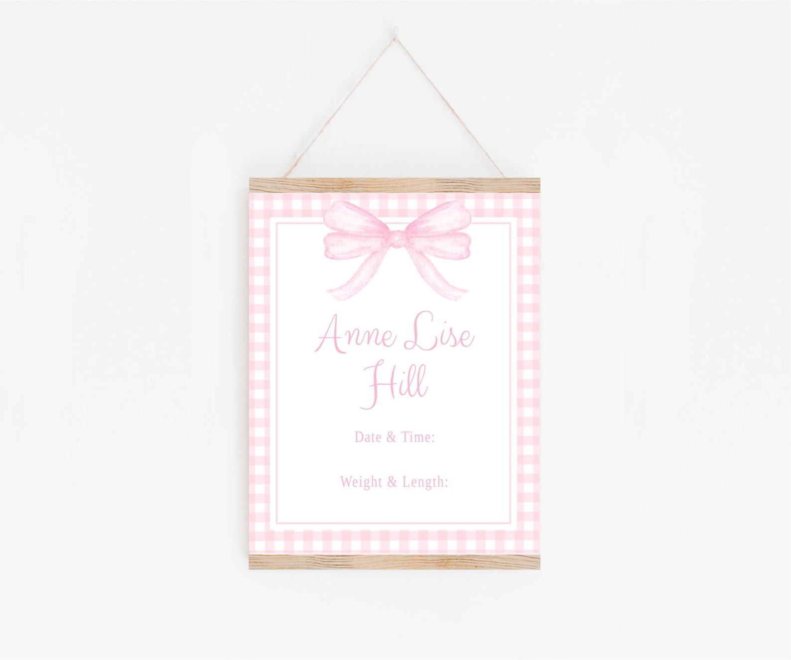 Hospital Door Sign Printable, Pink Gingham Nursery, Watercolor Pink Bow