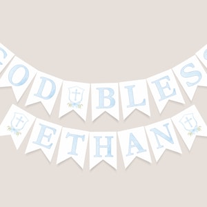 Blue Crest Baptism Banner, God Bless Baptism Banner, First Communion, Boy Baptism Decoration, Dedication Sign, Printable Download, B02