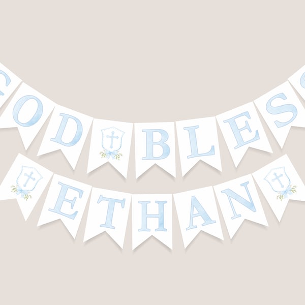 Blue Crest Baptism Banner, God Bless Baptism Banner, First Communion, Boy Baptism Decoration, Dedication Sign, Printable Download, B02