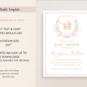 May include: Pink and gold baby shower invitation with a watercolor illustration of a baby carriage and floral accents. The text reads "Join us for a Baby Shower in honor of Meghan Hillon".