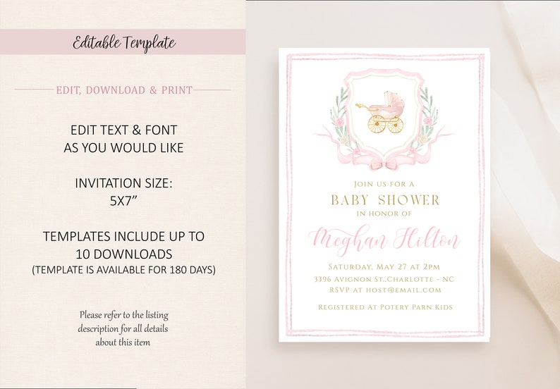 May include: Pink and gold baby shower invitation with a watercolor illustration of a baby carriage and floral accents. The text reads "Join us for a Baby Shower in honor of Meghan Hillon".
