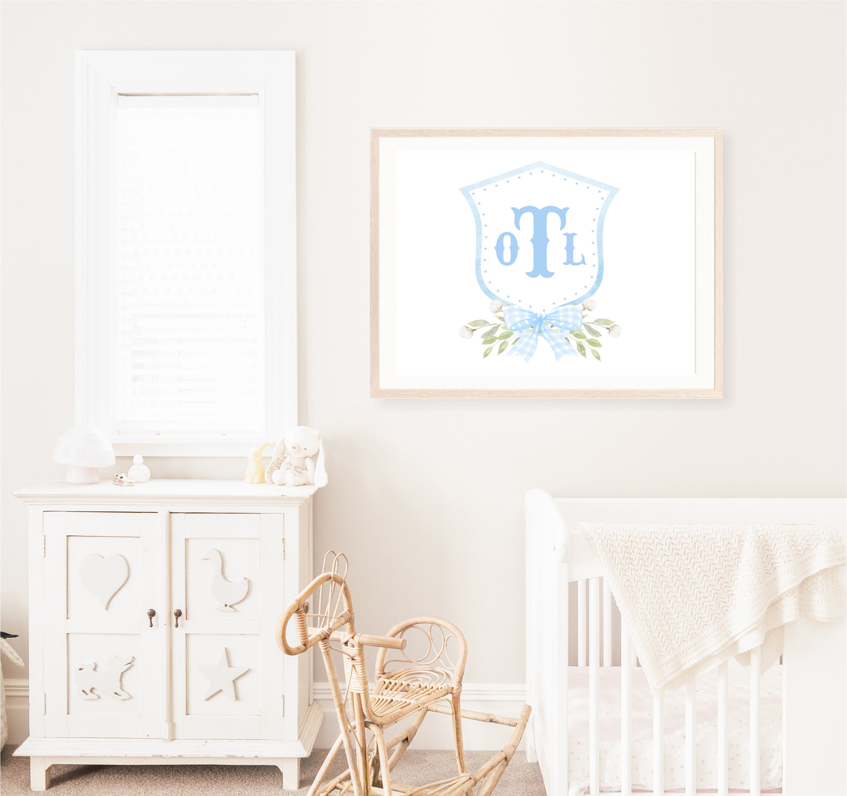 Watercolor Crest Boy Nursery, Monogram Nursery Wall Art, Blue Boy