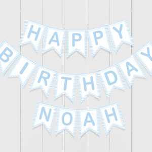 Blau Gingham alles Gute zum Geburtstagbanner, 1.Geburtstag Dekoration für Junge, Personalisieren Sie Geburtstagsbanner, Aquarell blaues Banner, Instant Download, 015