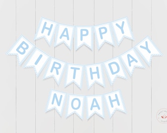 Blue Gingham Happy Birthday Banner, Boy 1st Birthday Decoration, Personalize Birthday Banner, Watercolor Blue Banner, Instant Download, 015