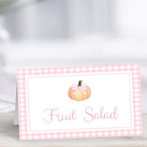 Pumpkin Pink Gingham Food Label, Girl 1st Birthday Decor, Fall Birthday Table Tent, Watercolor Pink Bow, Editable Food Label Cards, FGB