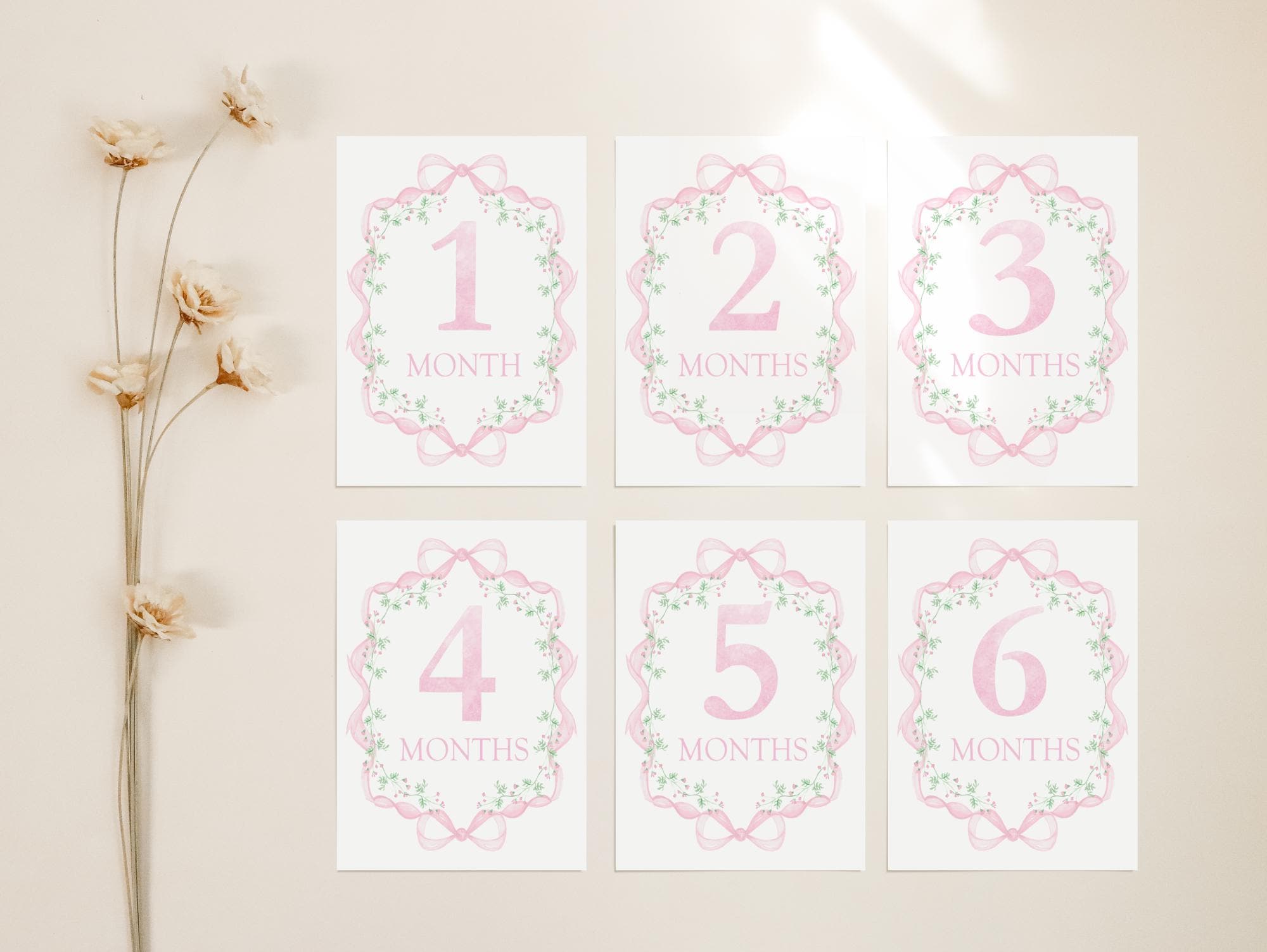 Baby Girl Milestone Cards, Watercolor Floral Milestone Cards, Pink Bow ...