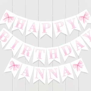 Banner de feliz cumpleaños con lazo rosa, descarga imprimible, banner con nombre de bebé, decoración de cumpleaños de niña, banner con letras rosas en acuarela, 011