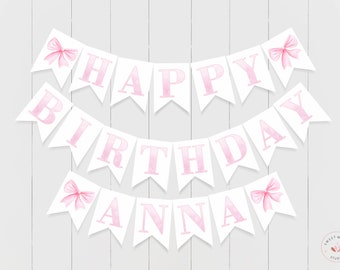 Pink Bow Happy Birthday Banner, Printable Download, Baby Name Banner, Girl Birthday Decoration, Watercolor Pink Letter Banner, 011
