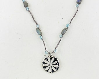 Handmade Gemstone Silver Necklace, Fine silver, Aquamarine, Labradorite, Sterling silver, Crocheted silk