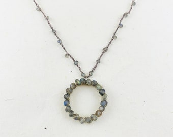 Handmade Labradorite Necklace, Crocheted silk, Sterling silver