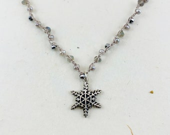 Handmade Snowflake Necklace, Gemstones, Pearls, Fine silver, Sterling silver, Crocheted silk