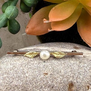 Estate 1950s Dainty 14K Gold Filled Bar Pin with Pearl Accent Lapel Pin