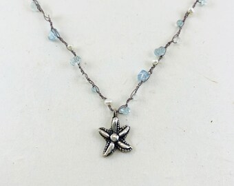 Handmade Starfish Necklace, Aquamarine, Fine Silver, Pearls, Sterling silver, Tourmaline, Moonstone