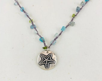 Gemstone Starfish Necklace, Handmade, Fine silver, Tourmaline, Aquamarine, Peridot, Sterling silver