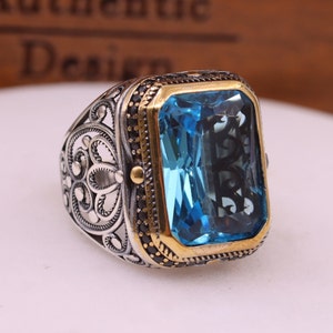 Aquamarine Ring, Aquamarine Mens Silver Ring, Statement Aquamarine Mens Ring, Ottoman Mens Silver Ring, Gift for Him, Gift for Men