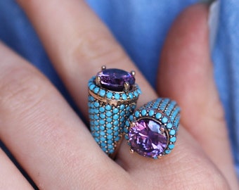 Sterling Silver 925 Turquoise Amethyst Handmade Ring, Ottoman Style Ring, Silver 925 Ring, Gift for her, Silver Ring, Ottoman Style Ring