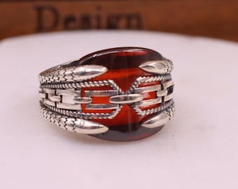 Ruby Ring, Ruby Mens Silver Ring, Chain Mens Ring, Ottoman Mens Silver Ring, Gift for Him, Gift for Men, Ring for Men, Statement Mens Ring