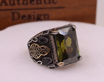 Peridot Mens Ring, Peridot Mens Silver Ring, Statement Peridot Silver Mens Ring, Ottoman Mens Silver Ring Peridot Jewelry, Silver Ring