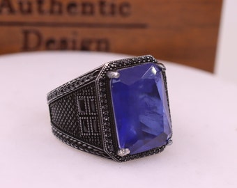 Sapphire Rectangle Cut Stone Men Silver Ring ,Blue Sapphire Silver Mens Ring, Sterling Silver Gift Men Rings, Fathers Day Gift