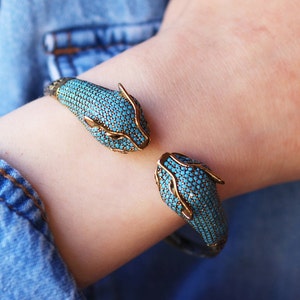 925 Sterling Silver Tiger Bracelet, Turkish Handmade Turquoise Bracelet, Silver 925 Animal Tiger Cuff, Gift for Her, Silver Bangle Cuff