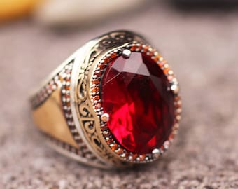 Ruby Mens Ring, Silver Ruby Ring , Silver Mens Ring, Gift for Him, Ottoman Silver 925 Men Ring, Father's Day Gift, Gift for Him, Mens Ring