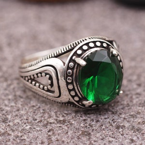 Mens Silver 925 Ring, Emerald Mens Ring, Gift for Him, Ottoman Mens Ring, Sterling Silver 925 Mens Ring, Jewelry, Turkish Mens Ring