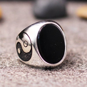 925 Sterling Silver Yin Yang Ring for Men, Women. Black