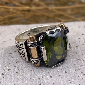 Men&#39;s Handmade Ring, Mens Peridot Silver Ring, Turkish Handmade Peridot Ring, Gift for Him, Ottoman Mens Ring, Silver mens