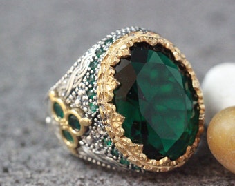 Sterling Silver 925 Emerald Handmade Ring, Ottoman Style Ring, Silver 925 Men&#39;s Ring, Gift for Him, Silver Ring, Yemeni Mens Ring