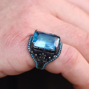 Aquamarine Mens Ring, Silver Mens Ring, Silver 925 Statement Mens Ring, Gift for Him, Gift for Men, Ottoman Mens Ring, Aquamarine Jewelry