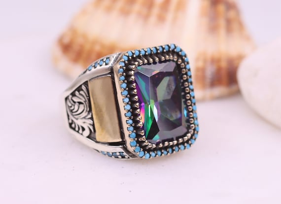 Mystic Topaz Mens Ring, Mens Turquoise Silver Ring, Turkish