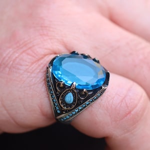 Aquamarine Mens Ring, Silver Mens Ring, Silver 925 Statement Mens Ring, Gift for Him, Gift for Men, Ottoman Mens Ring, Aquamarine Jewelry