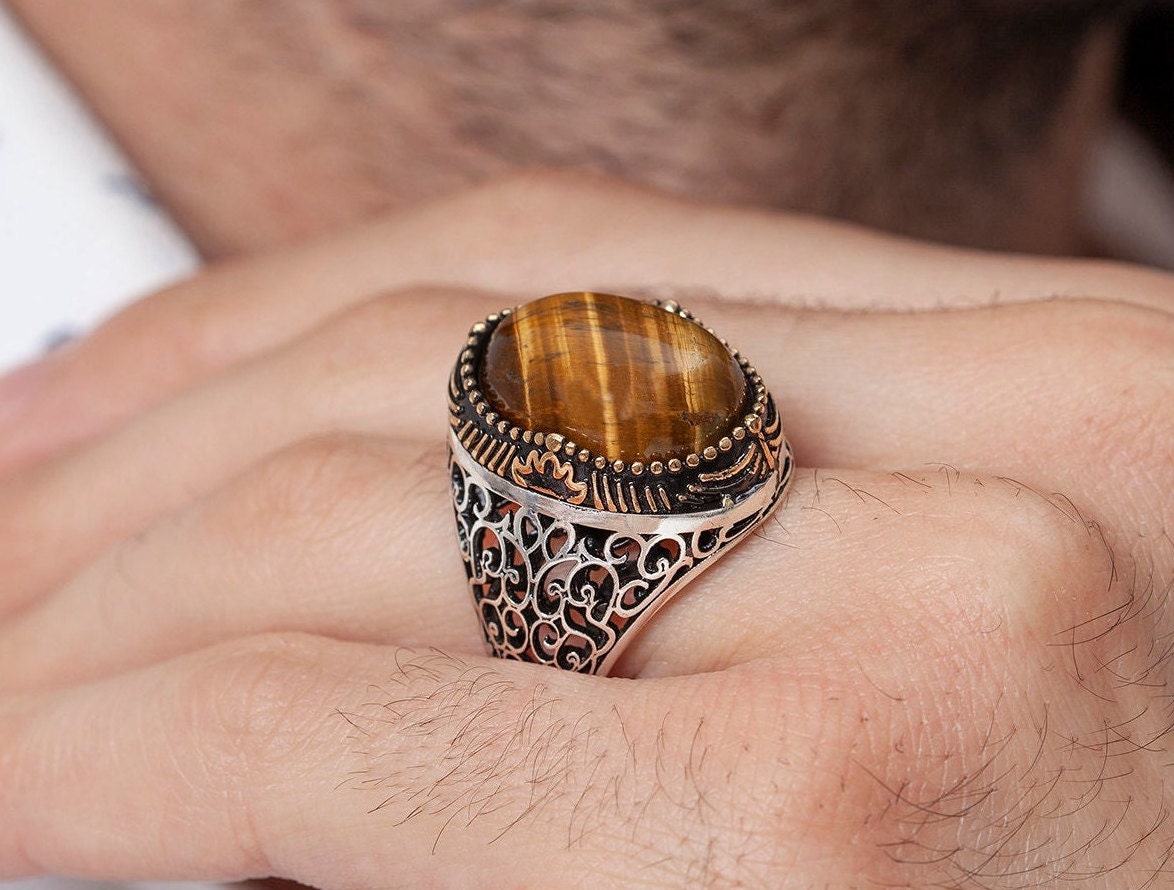 Tiger Eye Mens Ring, Silver Oval Tiger Eye Mens Ring, Gift for Him