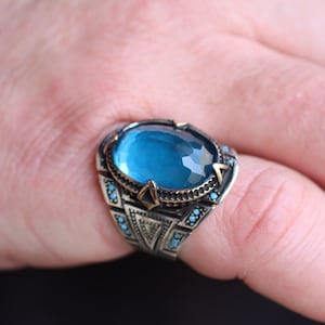 Aquamarine Mens Ring, Silver Mens Ring, Silver 925 Statement Mens Ring, Gift for Him, Gift for Men, Ottoman Mens Ring, Aquamarine Jewelry