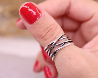 Solid Silver 925 Chunky Ring, Dainty Silver Chunky Ring, Silver Multi Layer Ring, Thumb Ring, Weaved Layered Ring, Boho Silver Ring