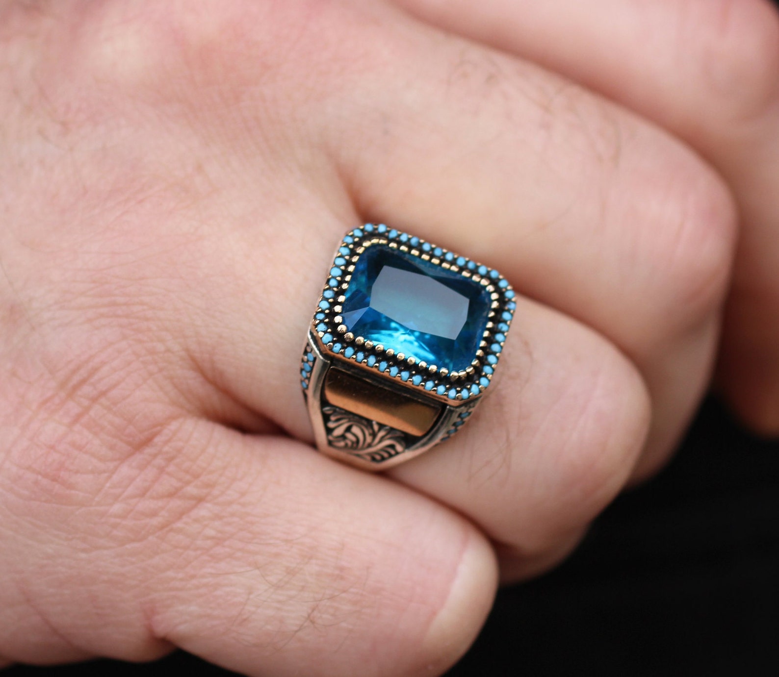 Aquamarine Handmade Mens Ring Silver Aquamarine Mens Ring Etsy