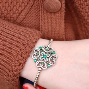 Silver Emerald Flower Bracelet, Turkish Handmade  Bracelet, Bangle, Cuff, Emerald Bracelet, Mothers Day Gift, Gift for Her, Flower Jewelry