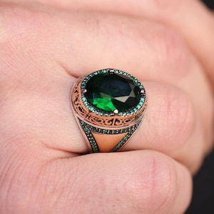 Mens Silver Ring, Emerald Mens Ring, Gift for Him, Ottoman Mens Ring, Sterling Silver 925 Mens Ring, Jewelry, Turkish Mens Ring, Emerald