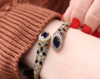 Bracciale in argento sterling 925 con zaffiri, bracciale turco fatto a mano, bracciale rigido in argento 925, polsino, bracciale con zaffiri, regalo per lei, zaffiro