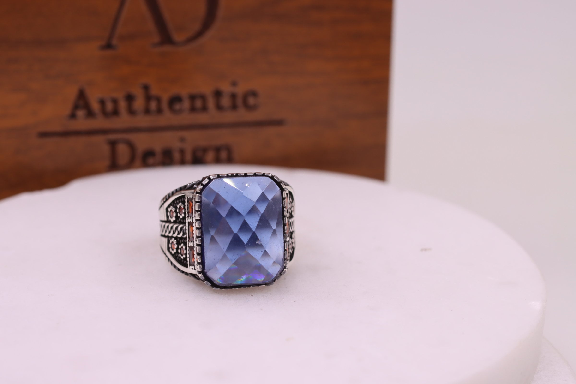 Bague Homme Saphir Bleu Naturel - Argent Massif 925 - Taille Pierre 14x10 Mm - Fait Main