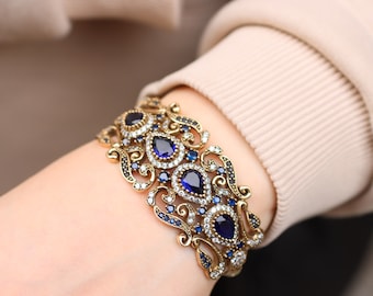 Bracciale con zaffiri, bracciale con zaffiri in argento, bracciale rigido, polsino, bracciale rigido in argento 925, regalo per la festa della mamma, regalo per la mamma, bracciale da donna, bracciale da donna