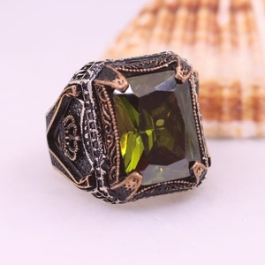 Peridot Ring, Peridot Mens Silver Ring, Turkish Handmade Peridot Mens Ring, Ottoman Mens Silver Ring, Gift for Him, Gift for Men, Peridot