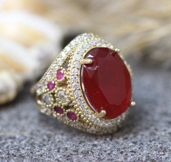 ＊925 ルビー&天然ダンヤモンドリング diamond ruby ring Sterling Silver 925 Ruby Zircon Handmade Ring, Ottoman Style Ring