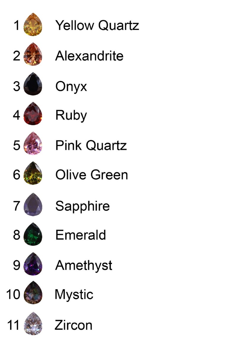 Op de afbeelding: Een grafiek met 11 verschillende edelsteenkleuren met hun namen. De edelstenen zijn gerangschikt in een verticale kolom van boven naar beneden. De edelstenen zijn: Gele Kwarts, Alexandriet, Onyx, Robijn, Roze Kwarts, Olijf Groen, Saffier, Smaragd, Amethist, Mystic en Zirkoon.