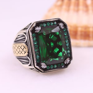Emerald Ring, Emerald Silver Mens Ring, Gift for Him, Ottoman Style Silver Mens Ring, Gift for Men, Mens Ring, Mens Jewelry, Vintage Style