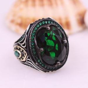 Emerald Ring for Men, Gift for Him, Statement Emerald Mens Ring, Sterling Silver 925 Mens Ring, Jewelry, Silver Emerald Mens Ring, Gift